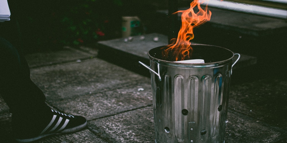 stainless steel trash can on fire 2456820